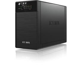 Sort ICY BOX IB-RD3620SU3 RAID-kabinet til to 3,5-tommers SATA-harddiske, set skråt forfra og fra siden.