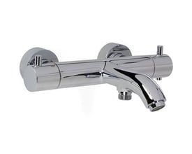 Kar og brus termostatarmatur i skinnende krom med tydelige kontrolknapper og en svanehals tud.