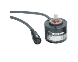Omron E6C3-AG5C-C absolut encoder med 720ppr opløsning og 2 meter kabel, viste front med etikette og stik.