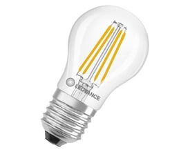 Ledvance LED krone filament pære med klar glasoverflade, E27 fatning og synligt filament på hvid baggrund.