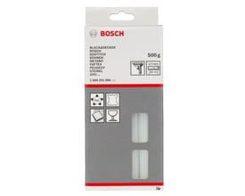 Bosch limstifter pakke med 500g, viser specifikationer som 11mm diameter og 200mm længde samt logoer for anvendelsesområder.