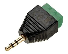 DeLock-adapter med sort 3,5 mm stereostik og grøn 3-polet terminalblok, set skråt med stikket synligt.