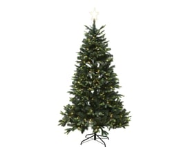 Fuldt Nordic Winter juletræ med 280 LED-lys og lysende stjerne på hvid baggrund, viser detaljeret design og stativ.