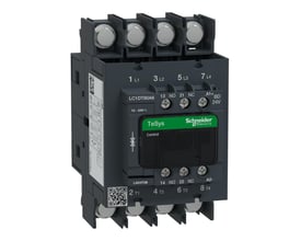 Detaljeret frontbillede af Schneider Electric TeSys D kontaktor, 80A, 4P, med tydelig mærkning af L1, L2, L3, L4, 1 NO, 1 NC og 24VDC spole.