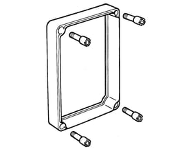 Teknisk tegning af Fibox SOLID EKJZR mellemramme med fire skruer, der illustrerer monteringssystemet.