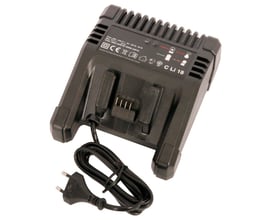 Wavin batterilader til ACO202-pressemaskine, sort lader med ledning og stik til 230 V-opladning af 18 V-batterier.