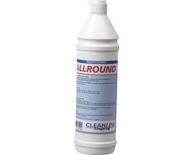 1-liters flaske med Cleanline Allround universalrengøringsmiddel i hvid plast med blå og rød etiket.