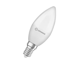 Ledvance LED Comfort kertepære, mat finish, med E14 fatning og en effekt på 4,9W, vist på hvid baggrund.
