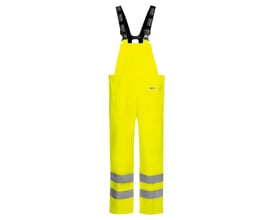 Lyngsøe Rainwear FR-LR59 hi-vis gul regnoverall i størrelse 3XL med justerbare seler og reflekser ved anklerne.