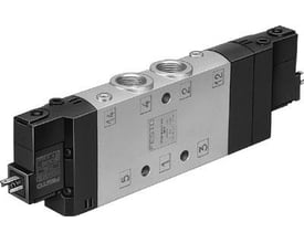 Festo Solenoid ventil CPE24-M1H-5J-3/8, en pneumatisk ventil med nummererede porte og en sort elektrisk tilslutning i grå metal.