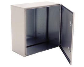 Eldon vægskab ASR 180x240x150mm med åben dør i rustfrit stål, viser synlige hængsler og låsemekanisme.