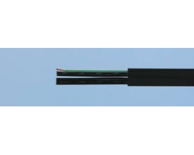 Fladkabel 18G1,0 PVC H05VVH6-F med 18 sorte ledere med hvide tal og en gul/grøn leder, sort PVC-kappe, vist på lyseblå baggrund.