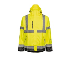 Lyngsøe Rainwear FOX6055 Hi-vis gul skaljakke i størrelse 4XL med reflekser og hætte. Jakken er vind- og vandtæt.