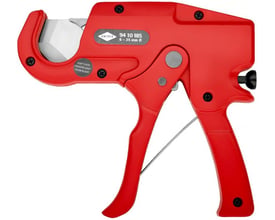 Nærbillede af den røde KNIPEX rørskærer, der viser mærket, modelnummer 94 10 185 og kapaciteten 6-35 mm.