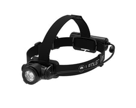 Sort Ledlenser H7R genopladelig pandelampe med justerbart hovedbånd og lampe på forsiden, 1200 lm.