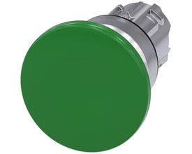 Siemens SIRIUS ACT 22mm grøn paddehattrykknap i metal med en stor rund aktuator, 40mm diameter.