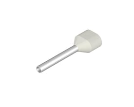 Et enkelt Weidmüller hvidt twin terminalrør 2 x 0,5mm² isoleret med plastkrave og blank metalstift på hvid baggrund.