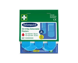 Emballagen til Salvequick X-Ray Detectable-plastre viser blå detekterbare plastre og angiver 30 stk.