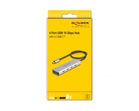 DeLock USB Type-C hub med 4 porte og 10 Gbps hastighed, vist på gul emballage med produktinformation.
