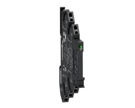Schneider Electric Zelio RSL Slim relæ med sokkel, der viser 48 VAC forsyning og 6A/250V mærkestrøm.