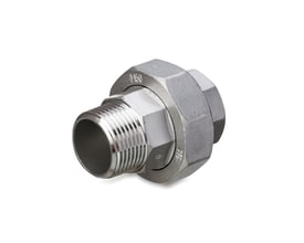 Union muffe/nippel i rustfrit stål med flad PTFE tætning, 1" tilslutning og 20 bar trykklassifikation.