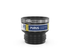 Detaljeret billede af Purus samle-/kombikobling, der viser dimensioner 100-105 mm og 100-120 mm med et CE-mærke.