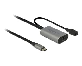 Delock aktivt USB 3.1 Gen 1-forlængerkabel på 5 meter med gråt stikmodul, USB-C-stik og ekstra DC-ledning.