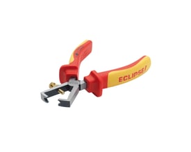Eclipse VDE afisoleringstang på 160 mm med røde og gule ergonomiske greb og justerbar stopskrue for præcis kabeldiameter.