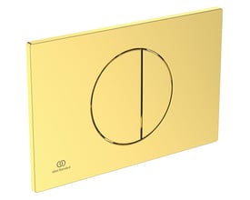 Detalje af Ideal Standard OLEAS kontrolpladens kant og børstet guld finish, vist fra siden.