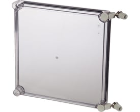 Fibox EK SOLID hængsellåg i transparent polycarbonat, 280x280x30mm, med tydeligt synlige monteringsbeslag og fingerskruer.