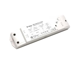 Hvid Envilar Zigbee LED-driver til 12 V LED-strips i enkeltfarve, set skråt med tilslutninger og mærkning synlige.