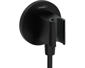 Hansgrohe FixFit S slangeudtag med bruserholder i mat sort. Viser den moderne, minimalistiske vægmonterede enhed med integreret holder til håndbruseren.
