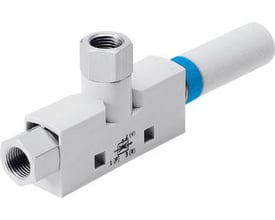 Festo vakuumejektor VN-05-L-T3-PI4-VI4-RO1 med T-formet kobling og 14mm bredde, vist på hvid baggrund.