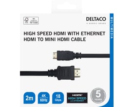 Deltaco HDMI-kabel, mini HDMI til HDMI, 2 meter, sort, vist på emballage med begge stik og produktnavn.