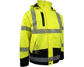 Lyngsøe Rainwear full stretch vinterjakke i hi-vis gul og sort, størrelse 2XL, set forfra med hætte og refleksstriber.