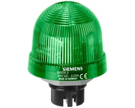 Siemens integreret signallampe med konstant grønt lys, 70mm diameter og 24V UC. Lampehuset er robust med mærkat og CE-godkendelse.