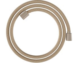 Hansgrohe 1,6 meter håndbruserslange i beige plast med flettet ydre, vist opspoleret mod hvid baggrund.