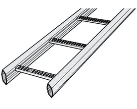 Illustration af Wibe kabelstige KHZP 150 mm med detaljeret visning af de perforerede, flade trin og den lukkede sekskantede profil.