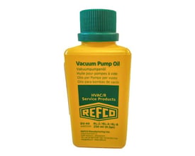REFCO vakuumpumpeolie DV-44 i gul flaske med grønt låg, 0,25 liter, til vakuumpumper.