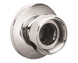 Nærbillede af Grohe tilgangsforskruning i blank krom, viser detaljer af gevind og samlinger.