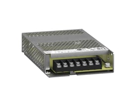 Schneider Electric Modicon ABLP strømforsyning i grå metal med perforeret kølekappe og terminalblok til 24V, 6,2A. Fremvises på hvid baggrund.
