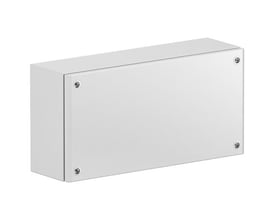 Schneider Electric klemkasse i grå lakeret stål, 150x150x120 mm med IP66 og IK10 godkendelser.