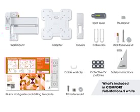 Oversigt over indholdet i Vogel's TVM 3245 Comfort vægbeslag pakken, med alle dele navngivet.