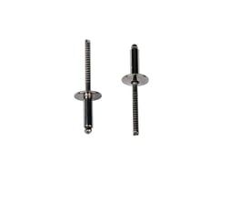 To Masterfix nitter 4,8x10 mm i rustfrit A2 stål med stort hoved ses fra siden på hvid baggrund.