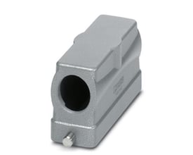 Detaljebillede af Phoenix Contact stikhus HC STA B24, viser den grå aluminiumskonstruktion og 24-polede tilslutning, IP65.