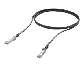 Ubiquiti 10 Gbps Direct Attach Cable på 3 meter med SFP+ stik i begge ender og sort kabel, vist på hvid baggrund.