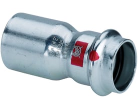 Viega Prestabo reduktion i forzinket stål, 22 x 15 mm, med tydelig rød markering og SC-Contur.