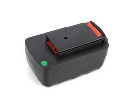 Akkufix Li-Ion batteri på 36 V/1,5 Ah til flamingoskærer Akkufix 250. Batteriet er sort med et orange og et sort håndtag.