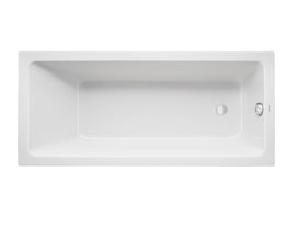 Top view af Duravit No.1 badekar i hvid, med synlig afløb og Duravit logo for enden.