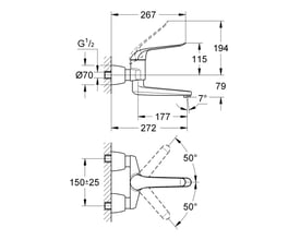 Teknisk tegning af Grohe Euroeco Special etgrebsarmatur med dimensioner for vægmontering og svingtudens bevægelse.